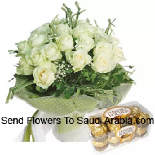 Bunch Of 18 White Roses With Seasonal Fillers Along With 16 Pcs Ferrero Rochers