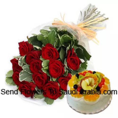 Bunch Of 12 Red Roses With Seasonal Fillers Along With 1 Lb. (1/2 Kg Fruit Cake)