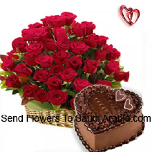 A Beautiful Arrangement Of 50 Red Roses Along With 1 Kg Heart Shaped Chocolate Cake