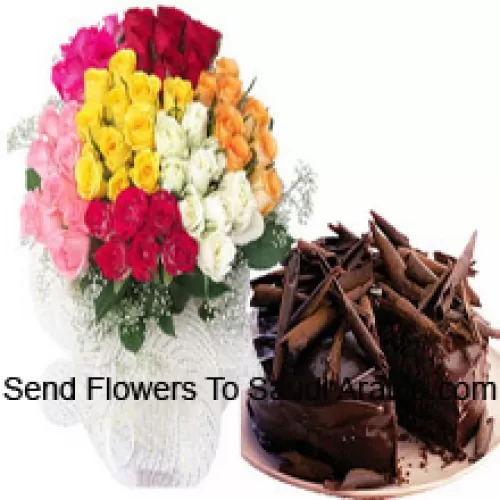 Bunch Of 15, Orange, 15 White, 15 Yellow, 15 Red, 15 Light Pink And 15 Dark Pink Roses With Seasonal Fillers Accompanied With A 1 Kg Chocolate Cake
