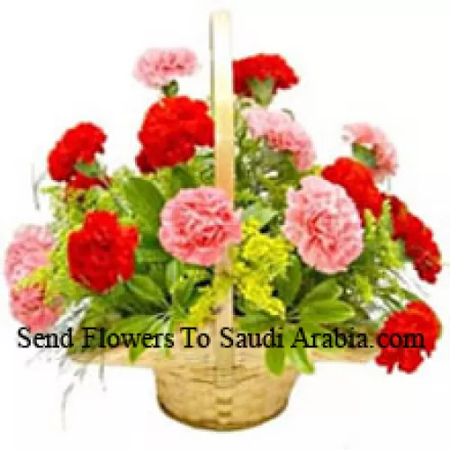 Basket Of 6 Pink And 6 Red Carnations