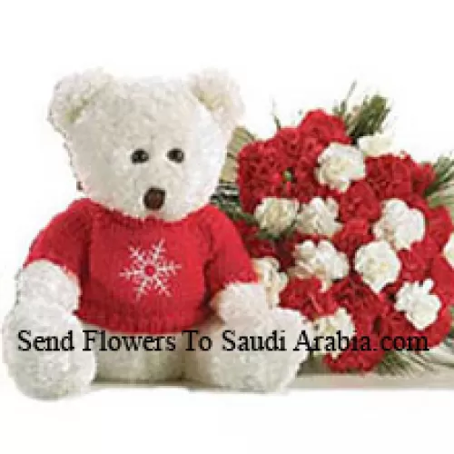Bunch Of 24 Red And White Carnations With A Medium Sized Cute Teddy Bear