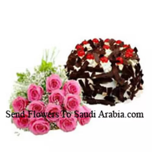 Bunch Of 12 Pink Roses Along With 1 Kg Chocolate Crisp Cake
