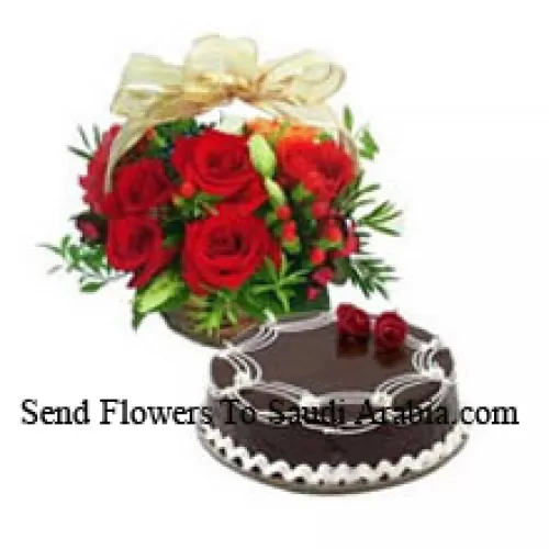 Basket Of 12 Red Roses With 1 Kg Chocolate Truffle Cake