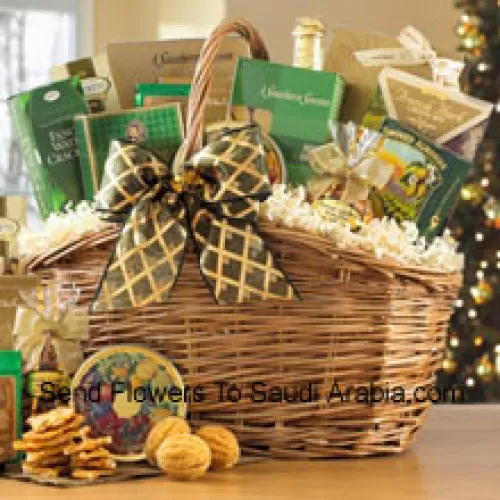 Brighten someone's day with a cheerful sampler of gourmet goodies. Nestled inside this distinctive basket are the finest gourmet treats including Toasted Praline Coffee, Chocolate Wafer Rolls, French Herb Cheese Mix, Fancy Water Crackers, Dutch Gouda Cheese Biscuits, Smoked Almonds, Cashew Brittle, Belgian Chocolates, Mixed Fruit Candies, Cheese Lover's Pub Mix, Golden Walnut Caramel Cookies, Sisters Green Tea and non-alcoholic Sparkling Apple Cider. (Please Note That We Reserve The Right To Substitute Any Product With A Suitable Product Of Equal Value In Case Of Non-Availability Of A Certain Product)