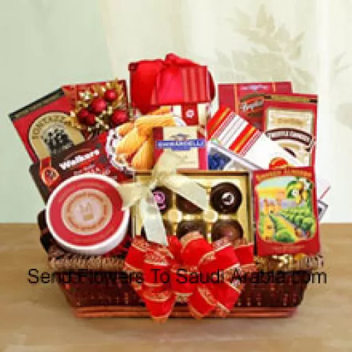 Send your wishes this EID with our gourmet gift basket designed just for the occasion. Our delightful tray basket holds Walker's shortbread cookies, Ghirardelli chocolate assortment, Jelly Belly jelly beans, butter toffee pretzels, truffle cookies, cheese swirls, smoked almonds, cheese, English tea cookies, water crackers, and a Ghirardelli chocolate bar. The variety makes it perfect when you want to make sure there is something for everyone to enjoy. She will love the elegant presentation with a big bow on the front, and can keep the wicker basket to use long after the food has been enjoyed (Please Note That We Reserve The Right To Substitute Any Product With A Suitable Product Of Equal Value In Case Of Non-Availability Of A Certain Product)