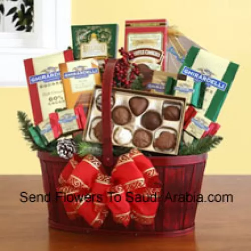 Our handsome red splitwood handle basket is all decked out in EID splendor, and packed with a sweet sampling of Ghirardelli's greatest chocolate creations. There's plenty inside to discover and enjoy, and the sweet excess will keep the recipient smiling for days. We've included: two gift bags of Ghirardelli squares (mint chocolate & dark chocolate), truffle cookies, a caramel chocolate bar, hot cocoa mix, and an assortment of Ghirardelli chocolate squares. We top it off with a bow, and add silk greenery and accents to make sure this EID present is a memorable one (Please Note That We Reserve The Right To Substitute Any Product With A Suitable Product Of Equal Value In Case Of Non-Availability Of A Certain Product)