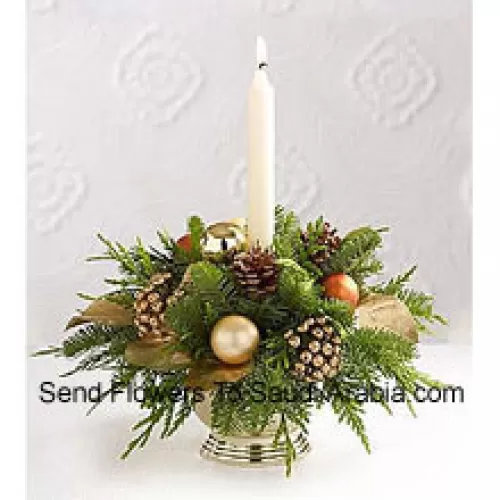 Wish all of those faces at your holiday feast a good night, glowing with seasonal dreams, with this gorgeous centerpiece perfectly accenting your table. A lovely mix of holiday greens are beautifully decorated with pine cones, golden leaves, golden holiday balls and a white taper candle setting the perfect mood and seasonal glow (Please Note That We Reserve The Right To Substitute Any Product With A Suitable Product Of Equal Value In Case Of Non-Availability Of A Certain Product)